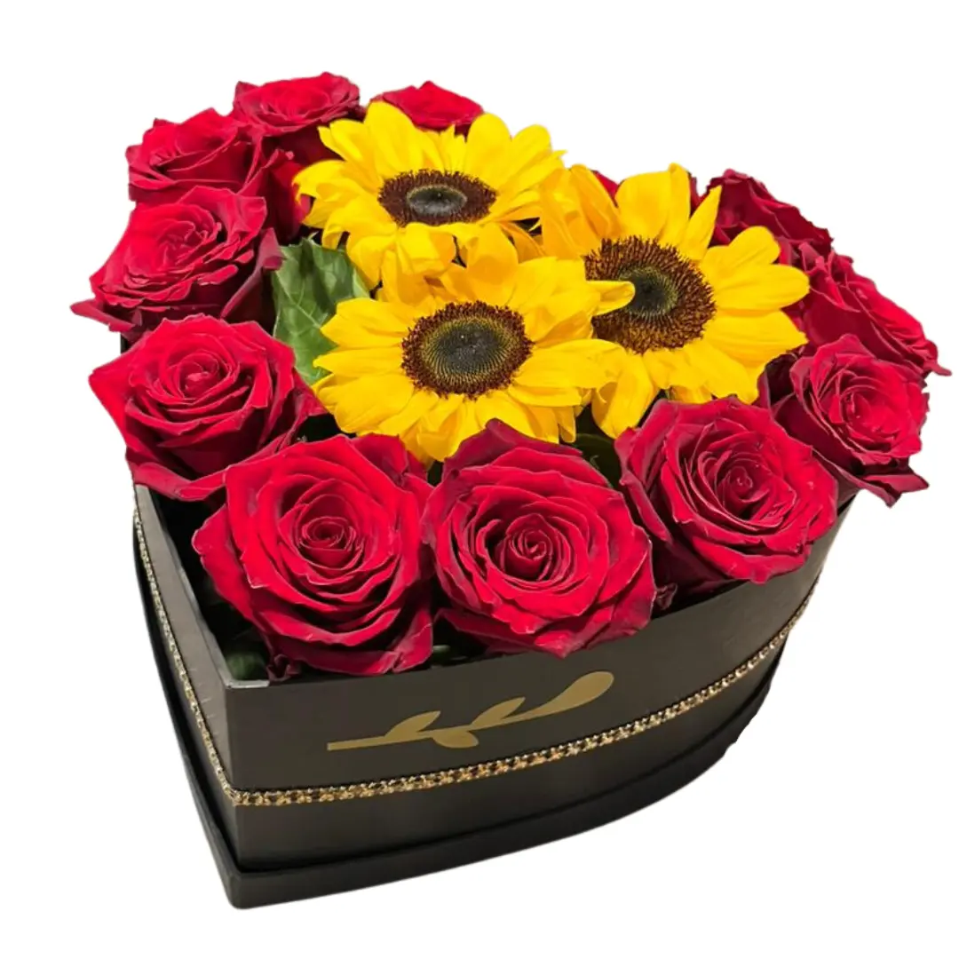 Caja corazon rosas y girasoles